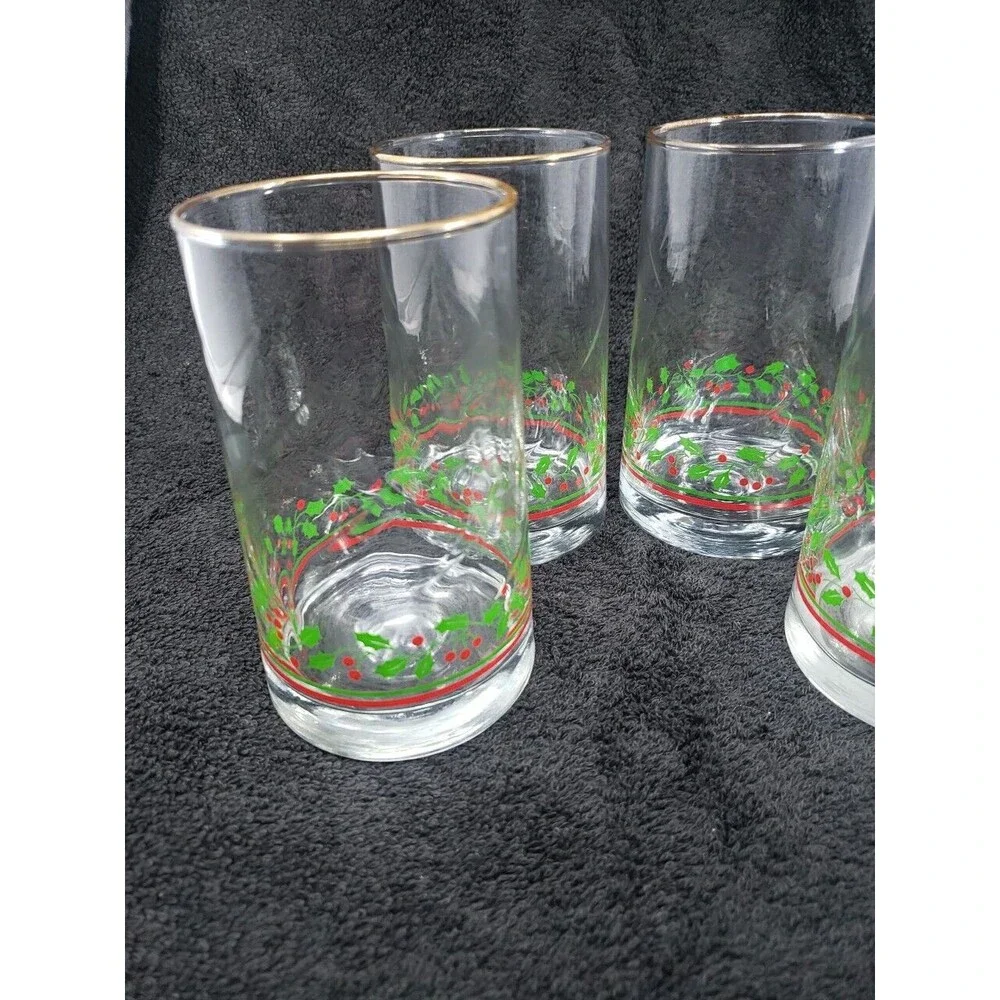 Arby's Holly Berry Tumbler Glasses VTG Christmas 1984 Heavy Weight Base Gold Rim